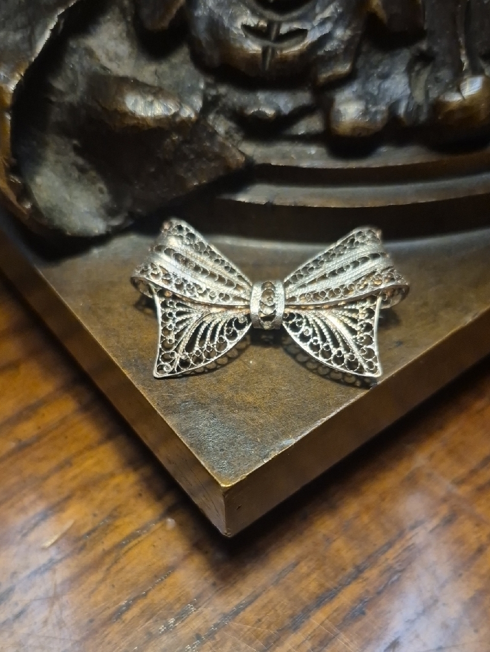 ANTIQUE 925 Sterling Silver Filigree Bow Ribbon Pin Brooch